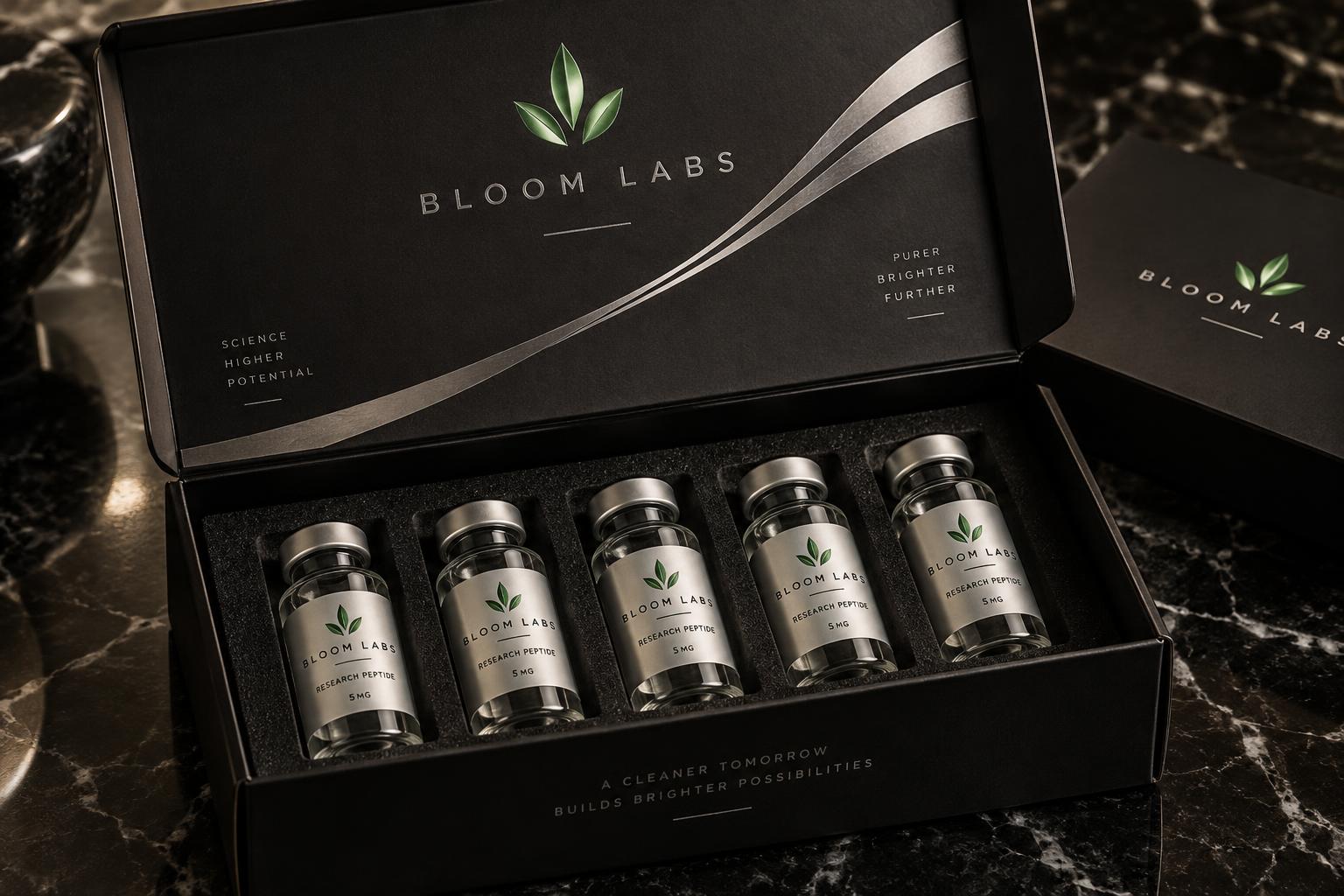Bloom Labs matte black research mailer with silver ribbons and green leaf mark